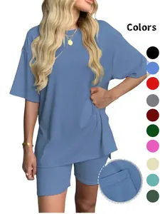 Women's Solid Color T-Shirt and Tight Shorts Lounge Set, Casual Comfortable Round Neck Sleepwear for Summer, Features Pockets and Suitable for Outdoor Wear,Women's Pyjama Set