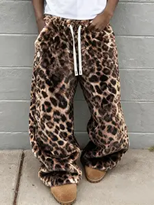 Unisex Leopard Print Fleece Pants, Soft Rabbit Fur Fabric, Fall & Winter Warm Comfort, Street Hip Hop Style, Daily & Outdoor Wear