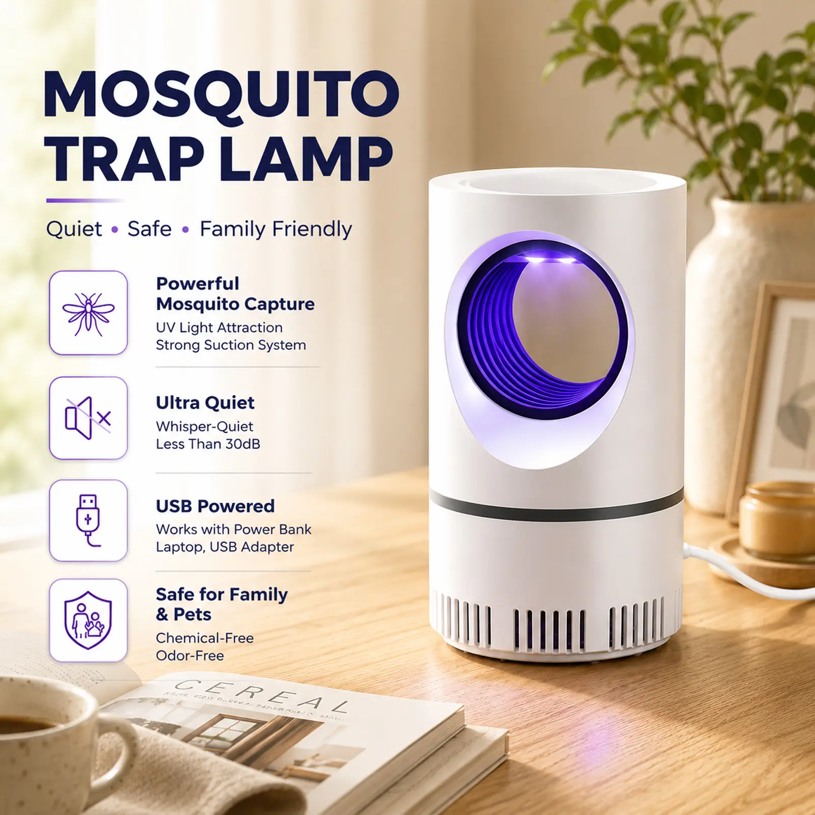 Generation-UV Light Mosquito Trap Lamp for Indoor Use, Portable Night Light with Quiet Operation