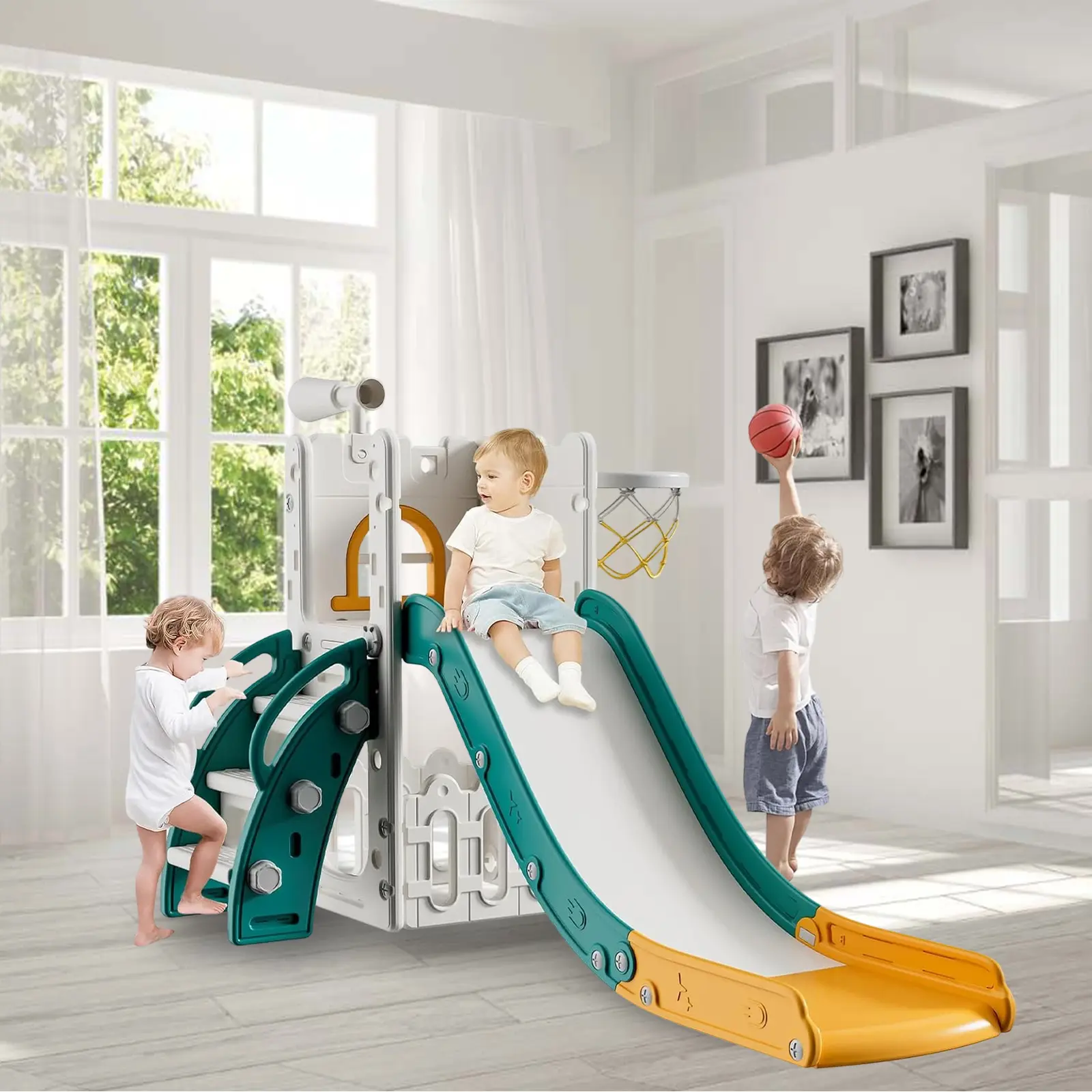 Colorful Castle Toddler Slide for Kids 1-3, Indoor & Outdoor, Green & Yellow L-Shaped Slide with Basketball Hoop & Telescope Playground Set Playroom Sport