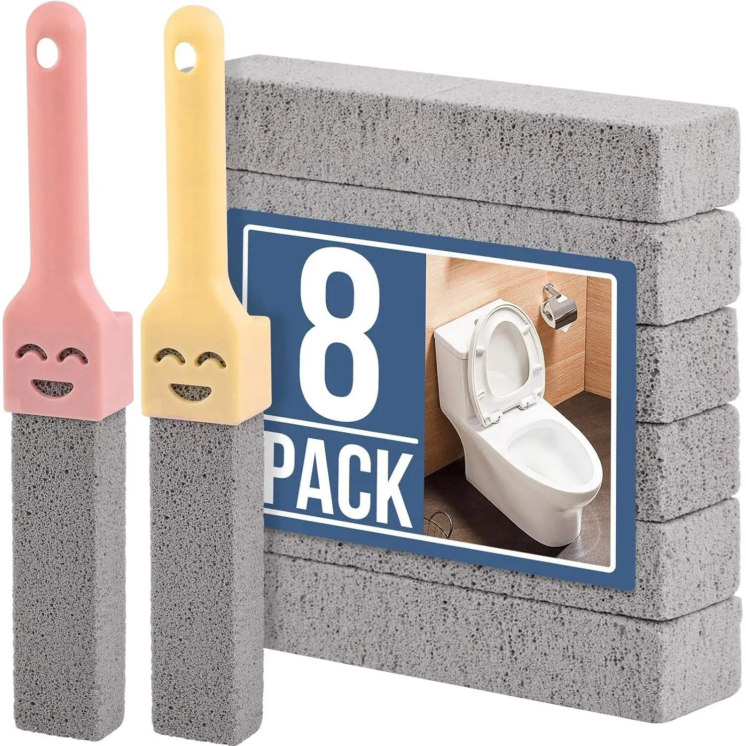 8 Pack Pumice Stone Scouring Sticks with 2 Universal Handles, Grey Pumice Stone Cleaner for Cleaning Toilets, Bathrooms, Kitchens, Spas and Pools