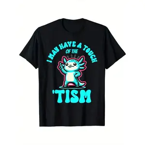 Funny American Giant Lizard Autism Awareness Pattern T-Shirt - "I May Have Some Autism Traits" Slogan, Unisex Black Casual Short Sleeve T-Shirt, Regular Fit, Machine Washable, Spring Summer Outdoor Clothing, Autism Shirt
