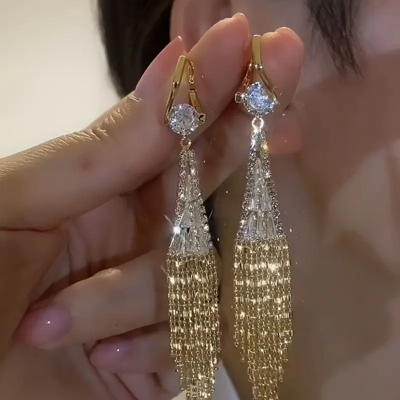 Women's Fashionable Alloy Tassel Drop Earrings with Shimmering Synthetic Cubic Zirconia Stones, Feminine Aesthetic Bling Effect Jewelry - Ideal for Parties, Daily Wear, Shimmering Stones, Sparkling, Elegant