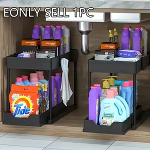 Sliding Sink Organizer Rack with Metal Frame, Pull-Out Storage Basket, Multifunctional Organizer, Adjustable Storage, Space Saving Cabinet Organizer for Kitchen Bathroom Laundry Room