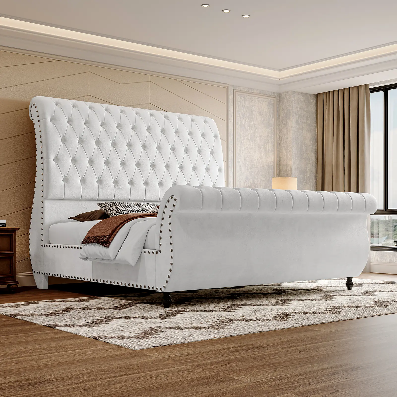 [SummerSale] AMERLIFE Luxury Bed Frame with Scroll Headboard & Footboard, Modern Velvet Upholstered Platform Sleigh Bed with Button Tufted, No Box Spring Needed/Unique Bedroom Furniture/Best Gift Ideas/Christmas Gifts