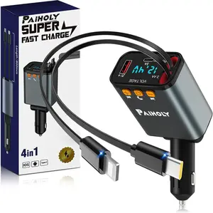 Bluetooth 5.3 Car Adapter, FM Transmitter Bluetooth Car Charger, 4 in 1 Retractable Car Charger, Phone USB C PD Fast Charging Adapter for RV SUV Truck, Fit iPhone 17/16/15/14 (C+L)