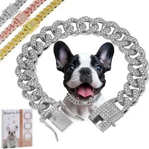 Silver Dog Chain Diamond Collar Walking Metal Chain Collar with Secure Buckle, Pet Cuban Style Collar Jewelry Accessories for Small Medium Large Dogs, Available in Pet Gift (Silver, 16inch)