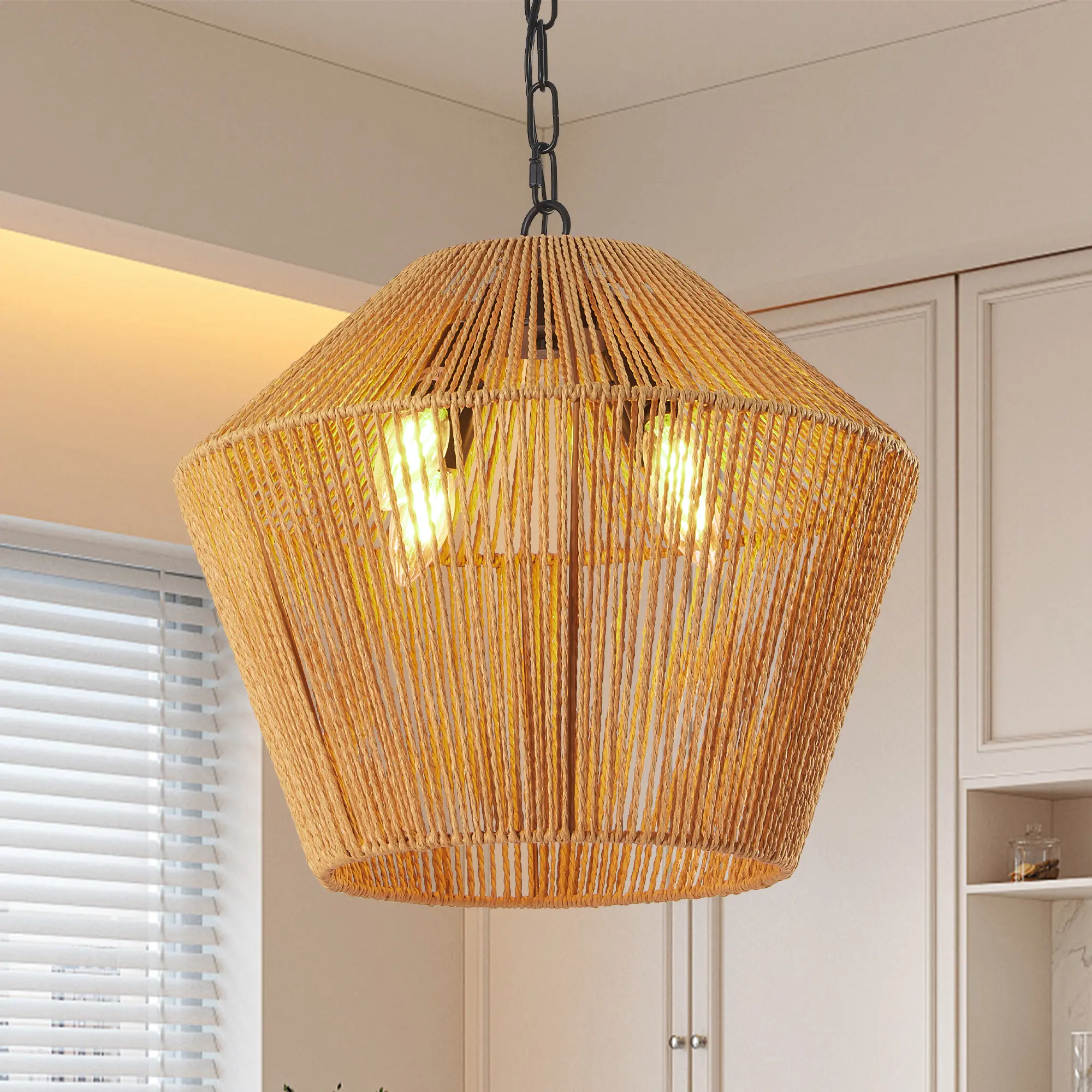 Handcrafted Bohemian Style Hemp Rope Pendant Light - E12 Base Single Lamp, 65in Adjustable Height Woven Farmhouse Fixture, 110V Hardwired, Diffuse Glow, Sloped/Flat/Vaulted Ceil. Compatible to Light Up Your Space