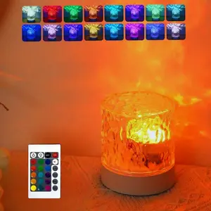 Round Night Light Crystal Table Lamp with Rotating Water Ripple Effect, 16 Color Diamond Design Remote Controlled Flame Atmosphere Lamp, Round Night Lamps