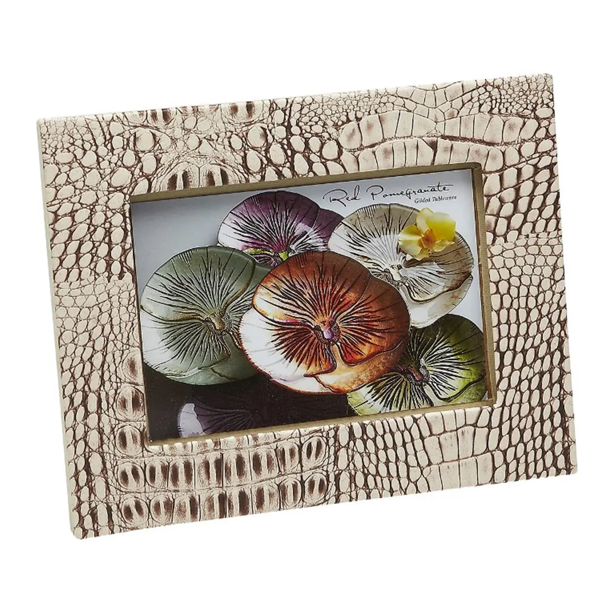 212 MAIN Red Pomegranate Decorative Patterned Bisque Photo Frame - Faux Leather Croc-Textured, 5x7 in, Glass Front, Leaf Accent, Handmade-Look Home Supplies Home Decor Piece
