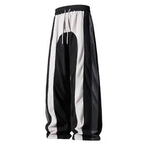 Men’s American high-street black-and-white striped patchwork corduroy wide-leg pants for spring/autumn, loose straight fit with a drapey feel, drawstring elastic waistband, casual athletic long pants summervibes
