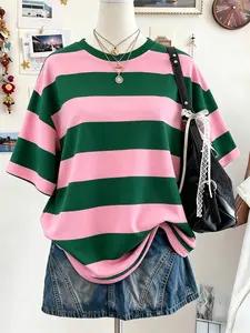Women's Loose Striped Color-Block T-Shirt with Collar, Y2K Summer Casual Top, Fashionable Easy-Wear Striped Shirt for Women