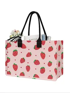 Strawberry Printed Large Capacity Storage Bag, Super Size Organizer with Durable Handle, Space Saving Multi-Purpose for School, Travel, Shopping, Strawberry Themed Bag, Reusable Shopping Bag