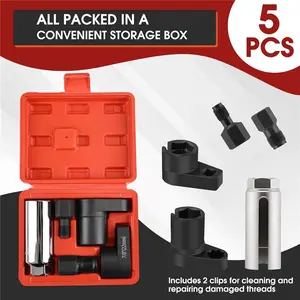5PCS O2 Oxygen Sensor Socket Set, 3/8 in Drive, 7/8 in (22mm), Premium Removal Tool with Thread Chasers & Offset Wrenches, Heavy-Duty Automotive Kit for Easy Installation & Repair