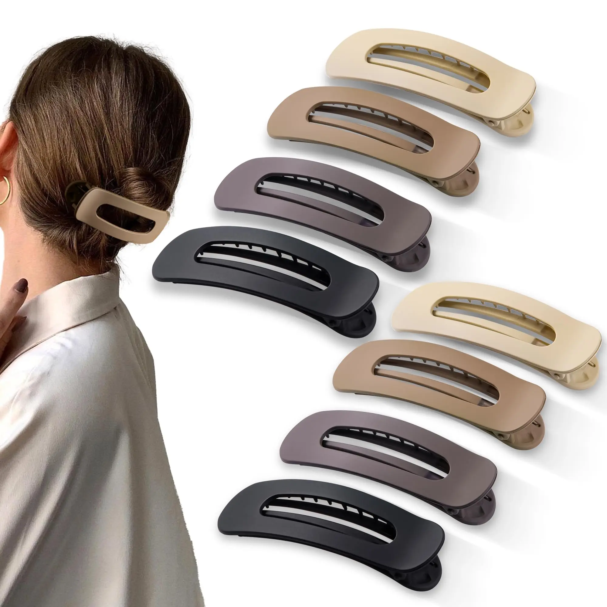 8 Large Lay Flat Claw Clips For Women Side Slide Barrettes Thin Fine Hair Rectangle Accessories Coffee Khaki Brown Black