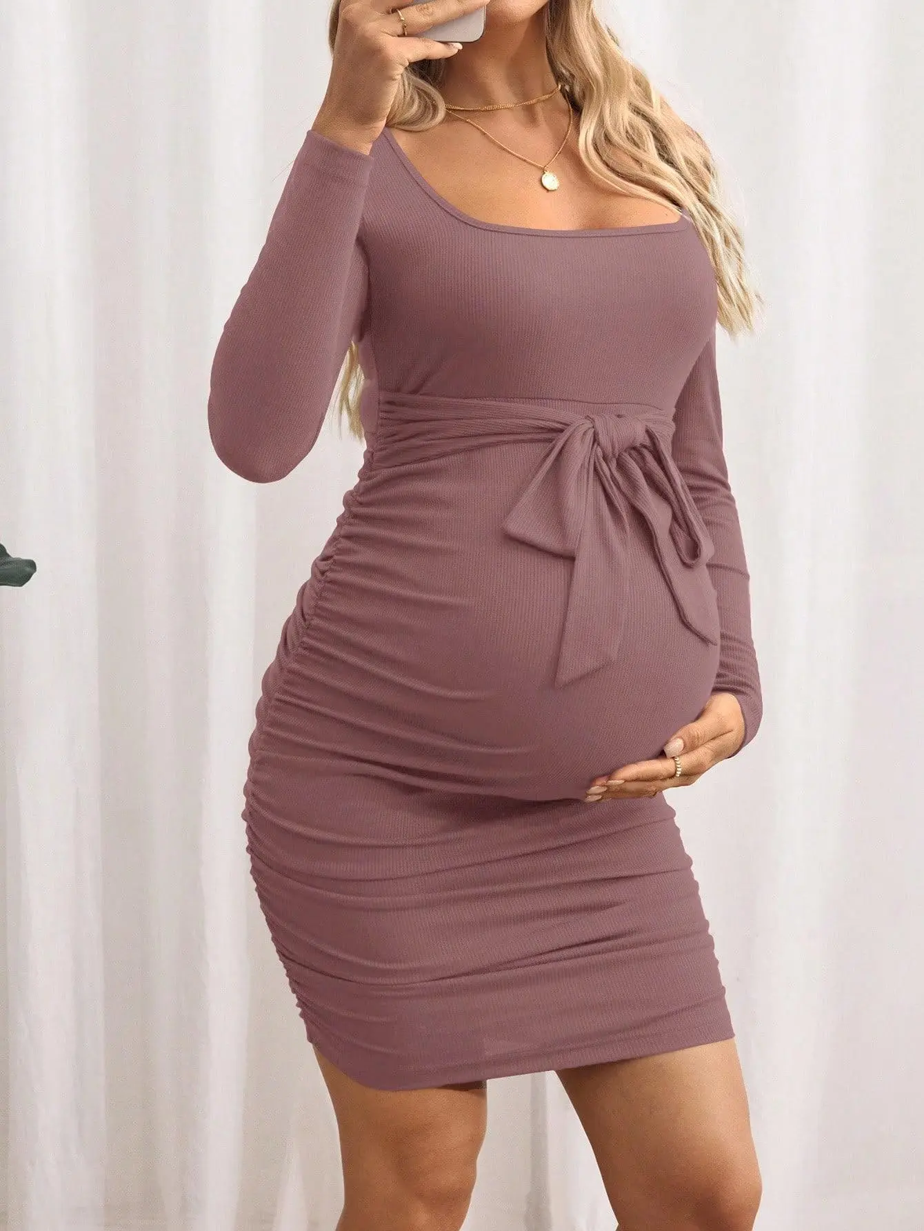 Maternity Maroon Autumn Casual Photoshoot Dress,Square Neck Long Sleeve Ribbed Knit Ruched Tie Front Pregnancy Midi Dress,Bump Friendly Fall Clothes
