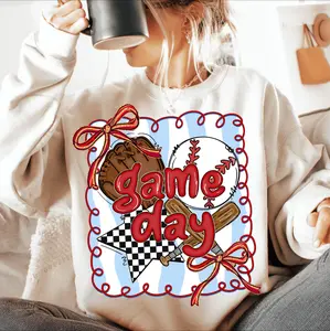 Preppy Baseball Coquette Sweatshirt, Brushstroke Game Day Baseball T-shirt, Cute Baseball Bow Tee, 100% Cotton Classic, Gift For Fans