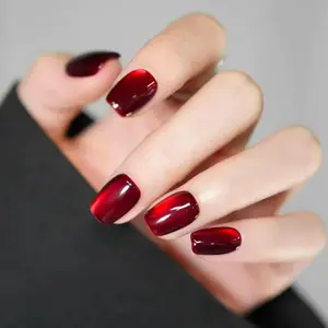 Cat Eye Burgundy Press On Nails | CurvLife Nail | 24pcs Short Square Fake Nails | Magnetic Gel Effect | Easy Apply, Long-Lasting | Daily & Business Nail Art