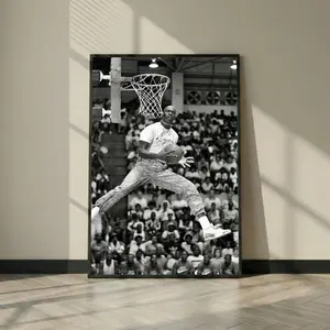 Michael Jordan Black and White Dunk Poster, Vintage Basketball Wall Art Print, Iconic Legend Photo, Sports Room Decor Gift for Fans