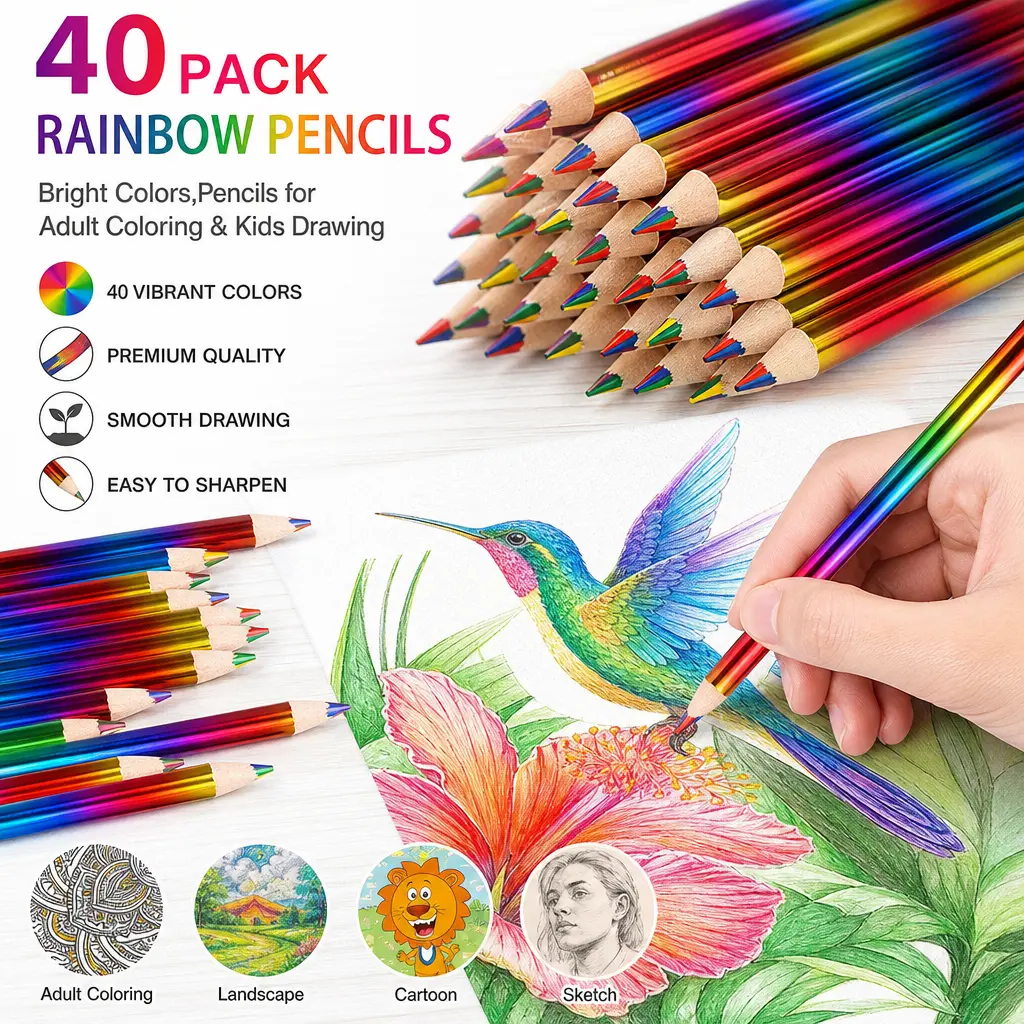 40 Pack Rainbow Pencils, 4 Color in 1 Colored Pencils for Kids, Multi Color Art Supplies for Coloring Drawing, Fun Gifts for Students, 6.9 Inch Long