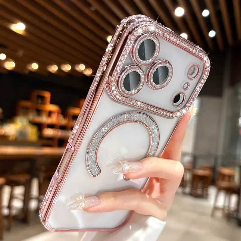 Magnetic MagSafe-Compatible Plastic Smartphone Case - Fits iPhone 17,16,15,14,13,12,11 (Plus,Pro Max,iPhone12ProMax) - Stylish Shiny Rhinestones Women's Casing with Shockproof Protection, Camera Lens Guard, Wireless Charging Support for Cellphone
