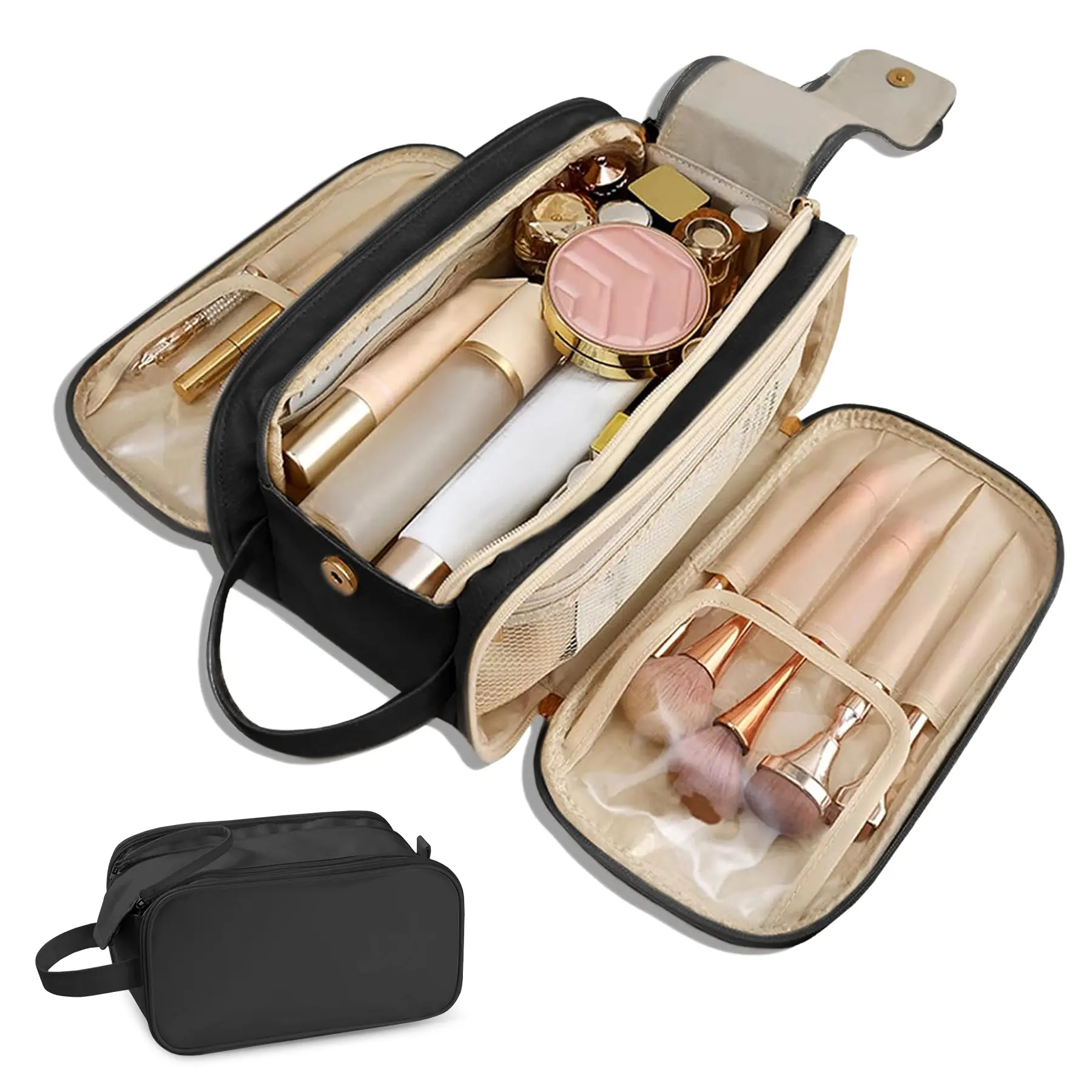 Large Capacity Cosmetic Organizer ,Travel Makeup Bag Organizer, Large Capacity Toiletry Bags for Traveling, Flat Open Waterproof PU Leather Cosmetic Bag with Compartments and Handles