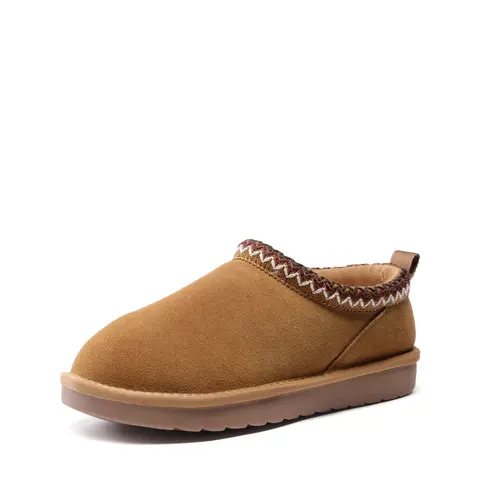 DREAM PAIRS Genuine Suede Fuzzy Slippers Mini Boots, Warm Memory Foam Slip-On House Shoes for Women with Embroidered Trim,outdoorfun