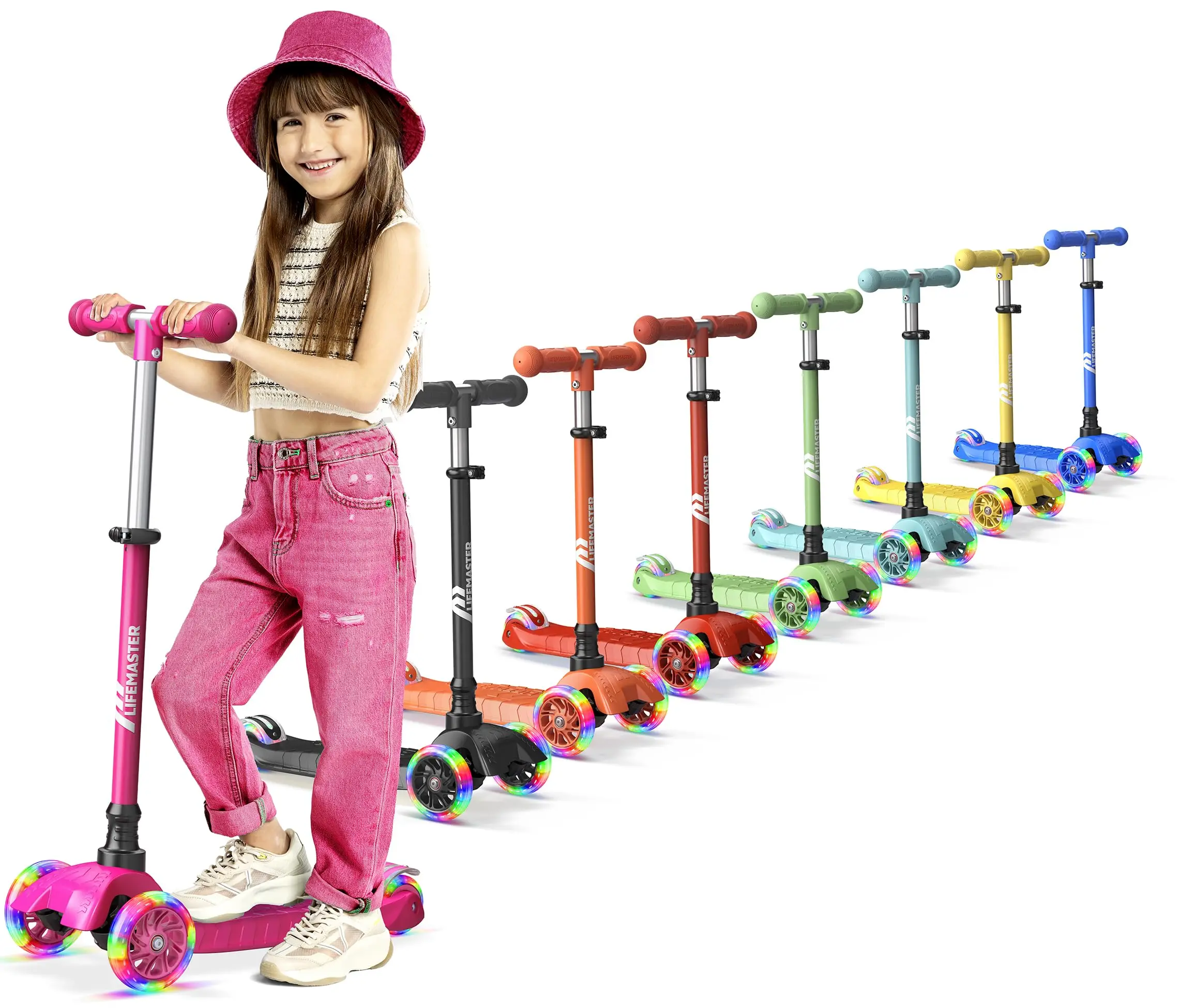 Lifemaster Mini 3-Wheel Kids Scooter with Multi-Color Wheel Lights – 4-Height Adjustable Handlebar, Wide Anti-Slip Deck, Child Safety Certified, Boys & Girls Ages 2+ Supports Up to 110 lbs, Pink