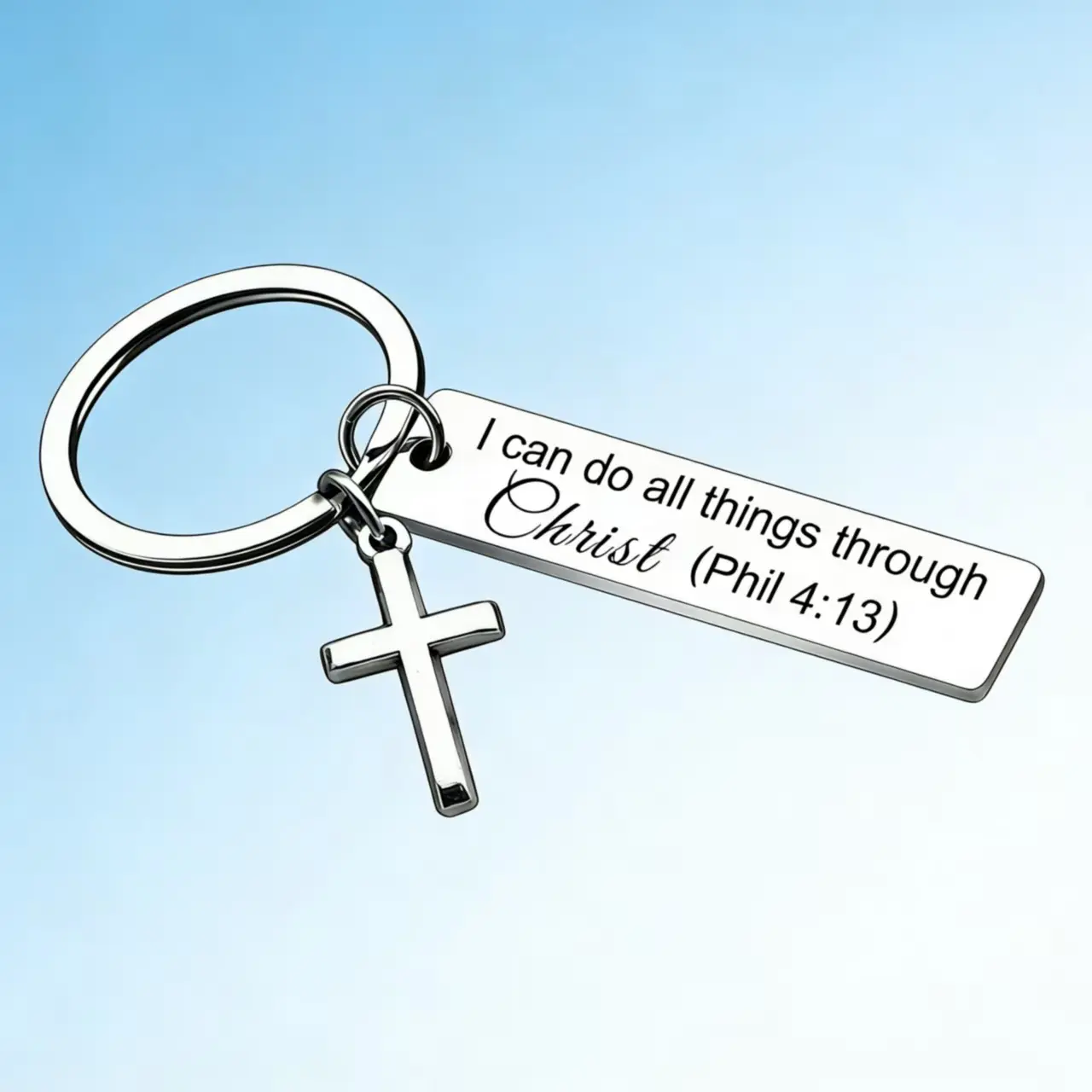 Christian Bible Verse Keychain Charm with Cross Pendant, Phil 4:13 Inscription, Meaningful Sacred Symbolism, Comforting Christian Costume Jewelry Fashion Accessory
