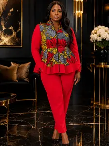 Bold Red Ankara and Crepe Pant Set with Peplum Zip-Up Top – Smooth Visage