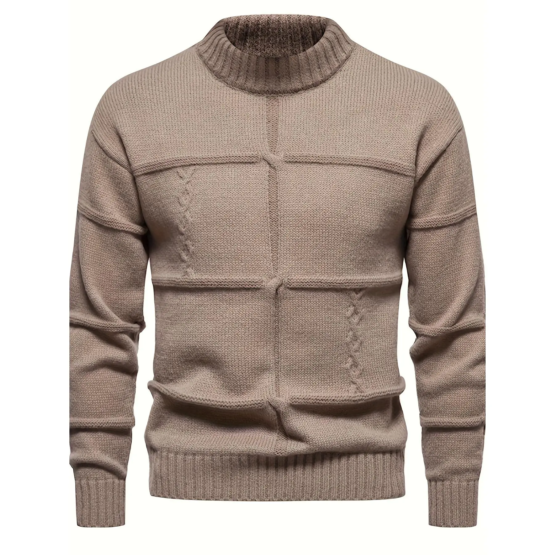 Men's Classic Solid Color Long-Sleeves Knit Sweater - Casual Autumn Winter Knitwear Top, Soft Non-Irritating Machine-Washable Plain Beige Fabric, No Irritation, Clothes