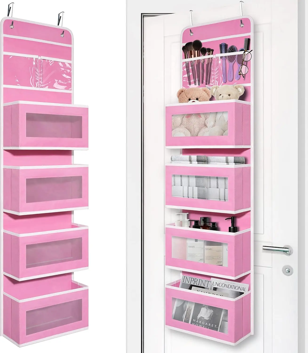 Modern Fabric Over Door Hangable Organizer with 4 Large-Capacity Compartments, Adjustable Hanging Storage for Closet, Bathroom, Toys, Cosmetics, Sundries, Baby Essentials, Pink