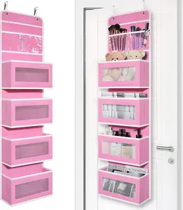 Over Door Organizer with 4 Large Capacity Pockets, Hanging Organizer Storage for Closet Bathroom Nursery Bedroom Dorm, Toys Cosmetics Sundries and Baby Essentials, Pink
