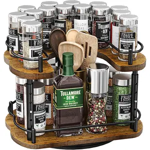 Lazy Susan Organizer Spice Rack - Spice Organization for Cabinet Height Adjustable Rotating Lazy Turntable, Pantry Kitchen Wood Revolving Seasoning Organizer
