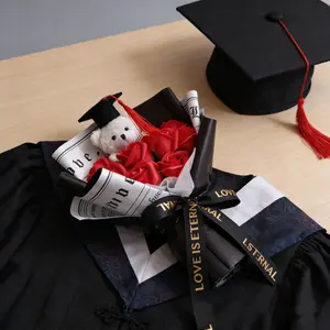 Graduation Artificial Rose Bouquet with Doctor Bear, Perfect for Birthdays, Anniversaries, Weddings, Home Decor, Romantic Gifts