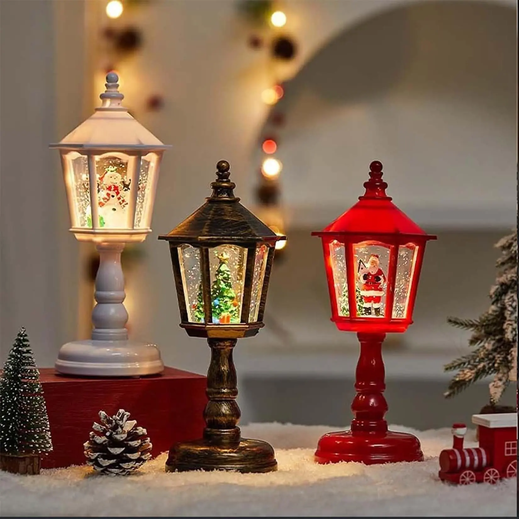 Vintage Plastic Fairy Globe Christmas Lantern - Luminous Glowing Snow Night Light with Music, Colorful Resin Lamppost Tabletop Figurine, 2026 Tree Decoration for Home Holiday Xmas Gift, Lanterns