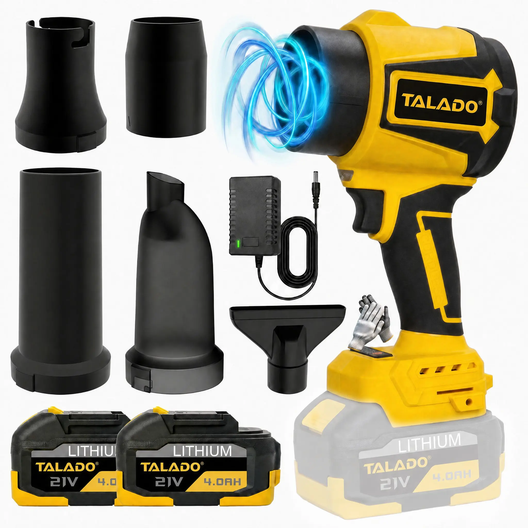 TALADO 2-in-1 Cordless Leaf Blower and Vacuum, 21V Powerful Electric Blower Vacuum with 3-Speed Modes, 2x 4000mAh Batteries, Lightweight Handheld Yard Tool for Lawn, Garden, Patio and Car Cleaning
