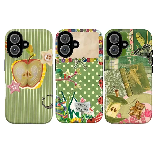 Whimsical Fairy Garden Apple & Lady Bug Phone Case Vintage Collage Aesthetic – Green Polka Dot Nature Kawaii Ladybug Phone Cover for iPhone, Whimsical Style for iPhone 11, 12, 13, 14, 15, 16, 17, Perfect Gift for Her