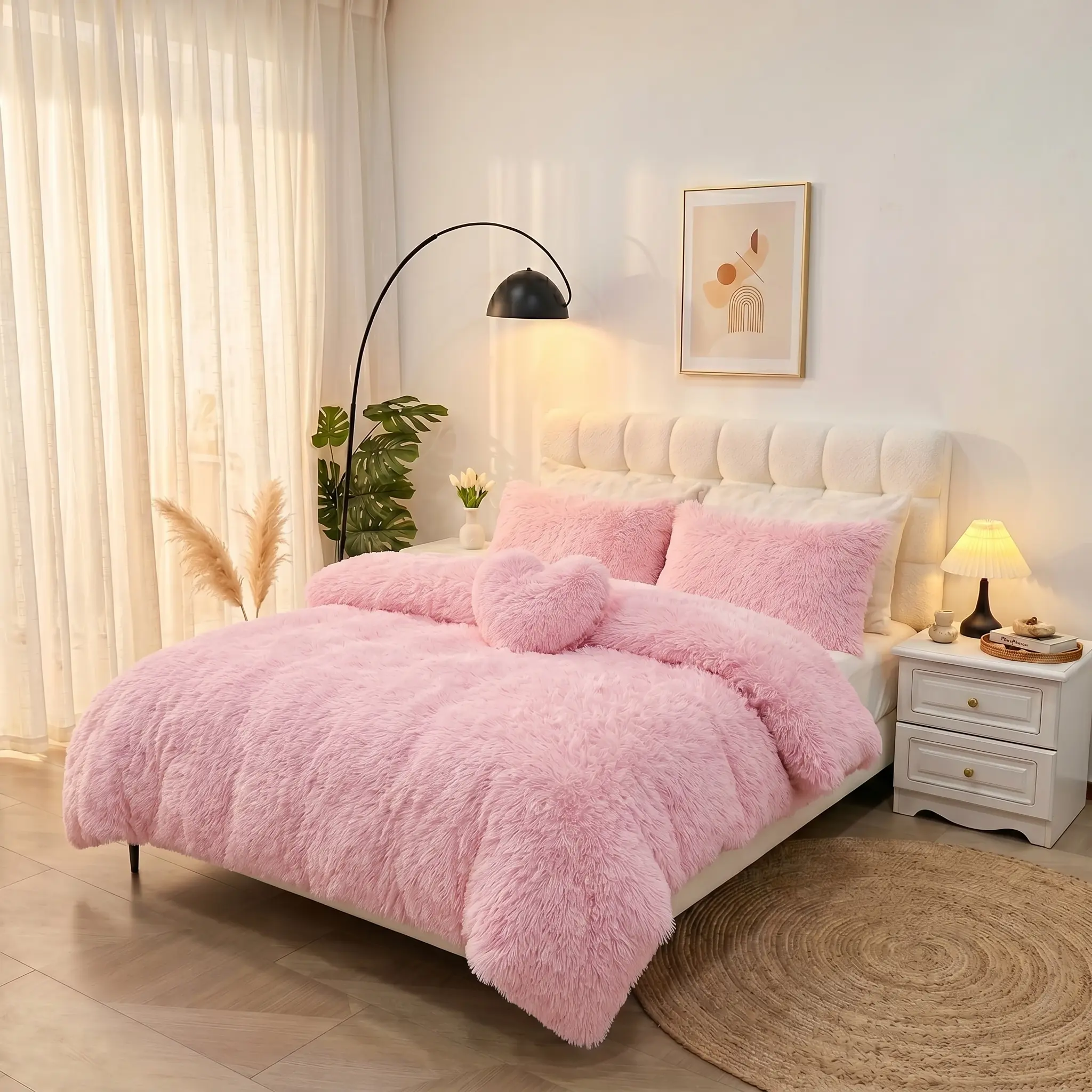 Fluffy Faux Fur Duvet Cover Set, 4 Piece Luxury Plush Bedding with Ultra Soft Shaggy Texture, Includes 2 Pillowcases & Heart Shape Pillow, Cozy Comforter Cover for All Seasons