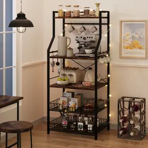 5 Tier Bakers Rack for Kitchen Storage, Compact Microwave Oven Stand with 2 Large Baskets and 8 Hooks, Coffee Bar Station, Freestanding Organizer, Sturdy Metal Frame for Appliances, Black and Gray