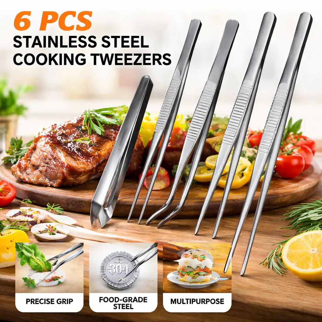 6-Piece Food-Grade Stainless Steel Cooking Tweezers Set - 12in Durable Rust-Resistant Multipurpose Tongs for Home Cooks, BBQ, Plating, Decorating with Precise Grip
