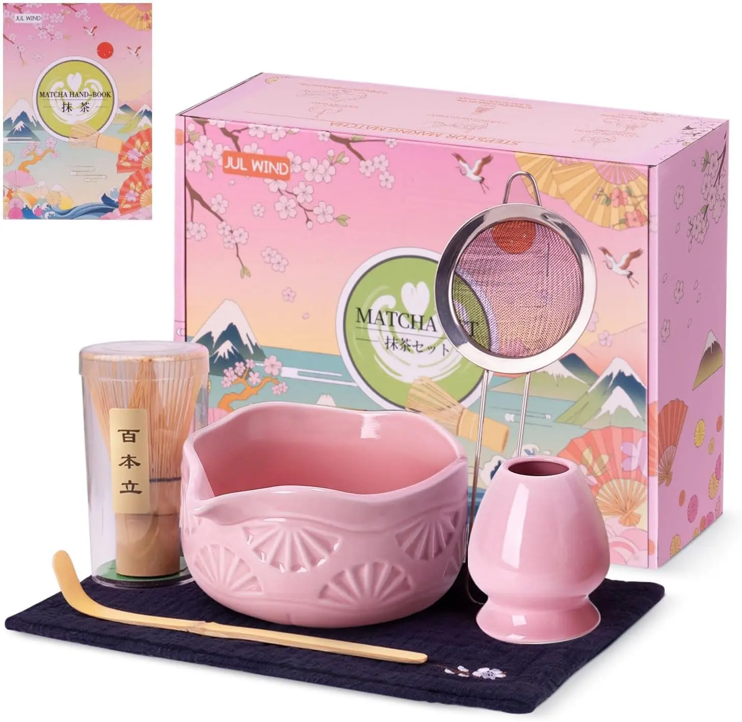 5-Piece Gradient Japanese Ceramic Tea Set with Single-Cup Matcha Bowl with Spout, Bamboo Whisk (Ceramic Holder), Bamboo Scoop, Sifter - Kitchen Tea-Making Tool for Ceremony, Gift for Matcha Lovers (Pink), Single-Cup Matcha Bowls