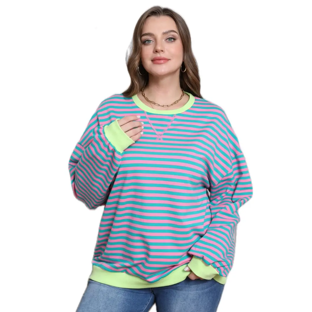 Women's Oversized Loose Ribbed Striped Long-Sleeve Crewneck Sweatshirt, 2025 Fall Fashion Casual Breathable Comfortable Spandex Pullover Top, Y2K Trendy Women's Hoodies & Tops