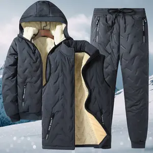 Quilted Fleece Lined Hooded Winter Coat Set For Men - Jacket, Vest & Pants Warm Casual Outdoor