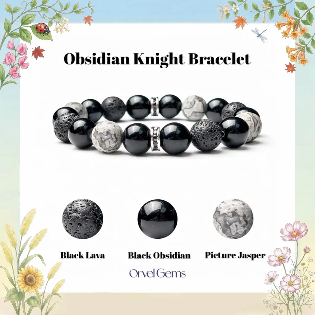 Obsidian Knight Bracelet for Men | Black Obsidian, Black Lava Stone & Picture Jasper Beaded Bracelet | Protection & Strength Jewelry Gift