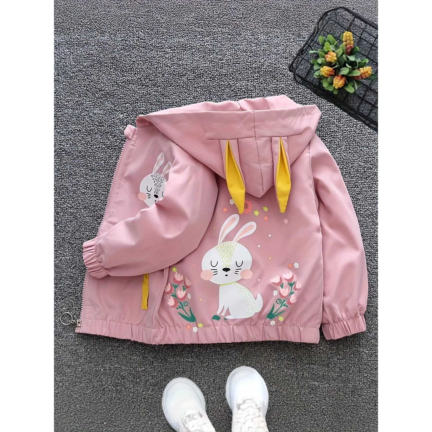 Girls' Yellow Bunny Print Hooded Jacket with Pink Bunny & Floral Accents - Lightweight Spring/Fall Coat, Zip-Up Front, Loose Fit Casual Outerwear for Everyday &, Spring Outerwear
