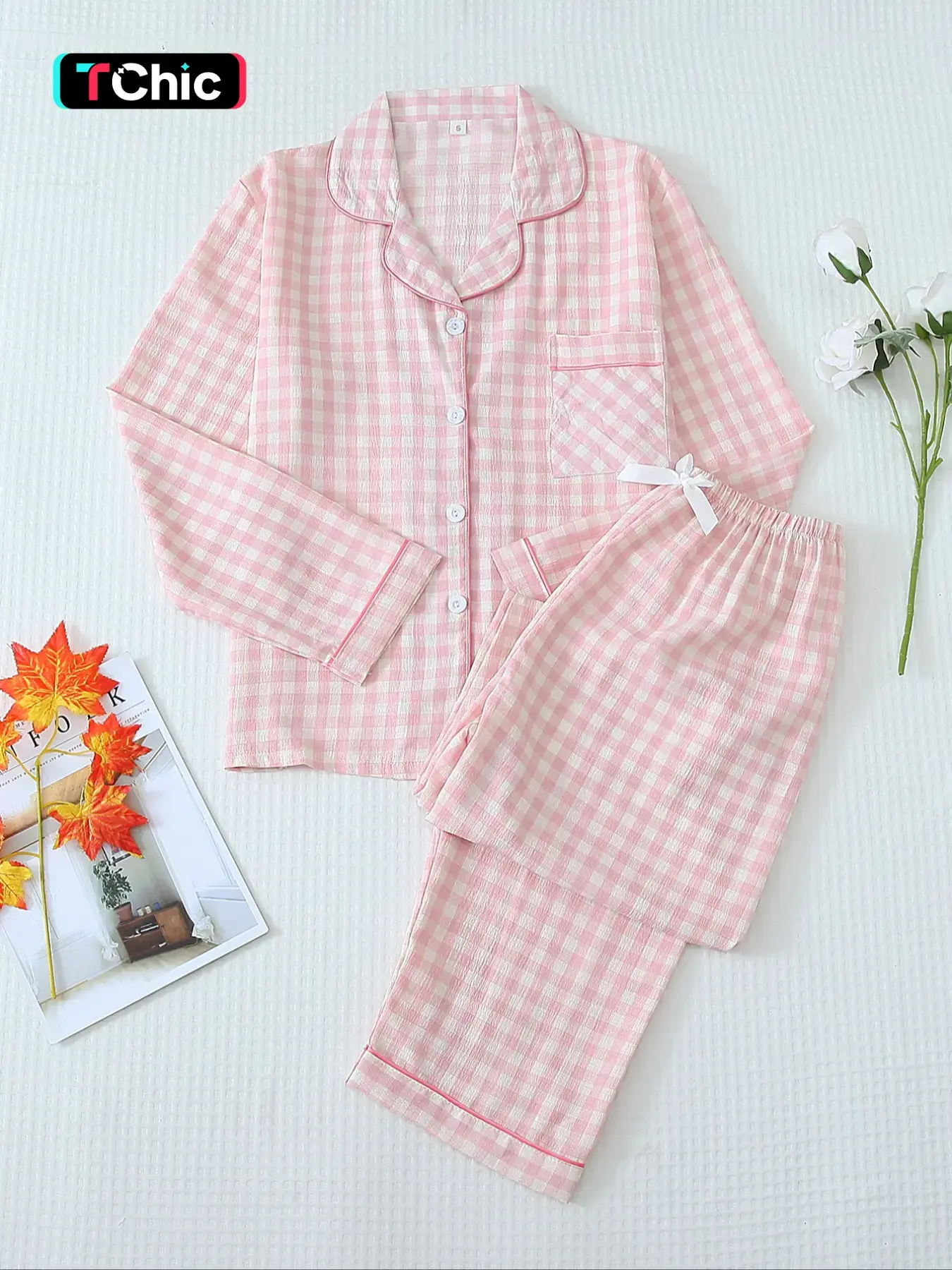 Two-Piece Set Women's Plaid Print Lapel Neck Pocket Shirt & Bow Decor Pants Pyjama, Long Sleeve Button Up Top & Trousers PJ Set, Women's Sleepwear & Loungewear for Spring & Fall