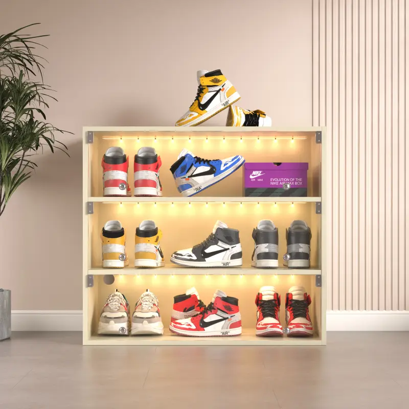 [SOIYELIFE] 3-Tier LED Shoe Display Cabinet - Off-White Wood & Glass Sneaker Showcase with Remote-Controlled Color Lights