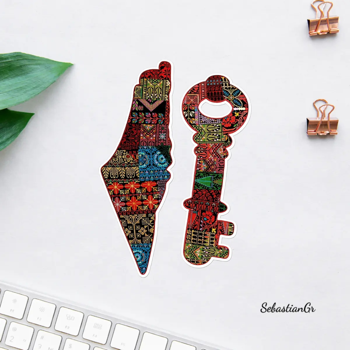 Palestine Map & Key Sticker, Traditional Embroidery Pattern, Cultural Heritage Symbol Design