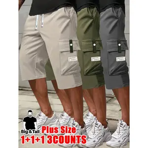 Men's Plus Size Casual Cargo Shorts 3pcs Set, Summer Relaxed Fit Drawstring Waist Shorts with Pockets, Dark Blue/Black/Beige, Versatile for Daily Casual Attire